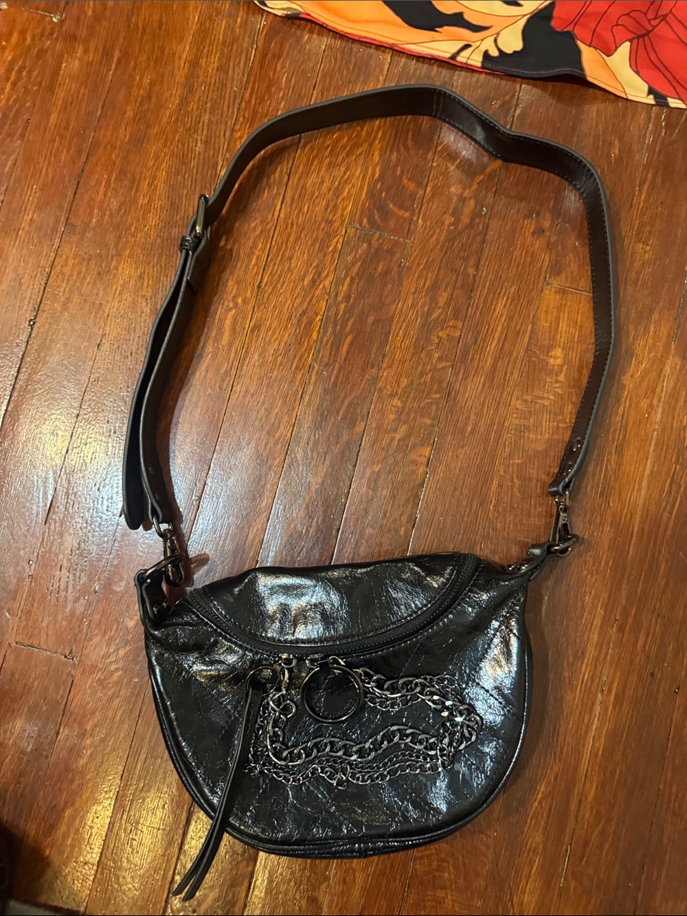 Black Shiny Crossbody Bag with gunmetal hardware + Chain Accent